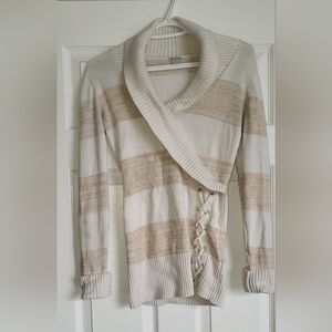 Guess V-Neck Sweater in Cream and Tan with Wrap Style
